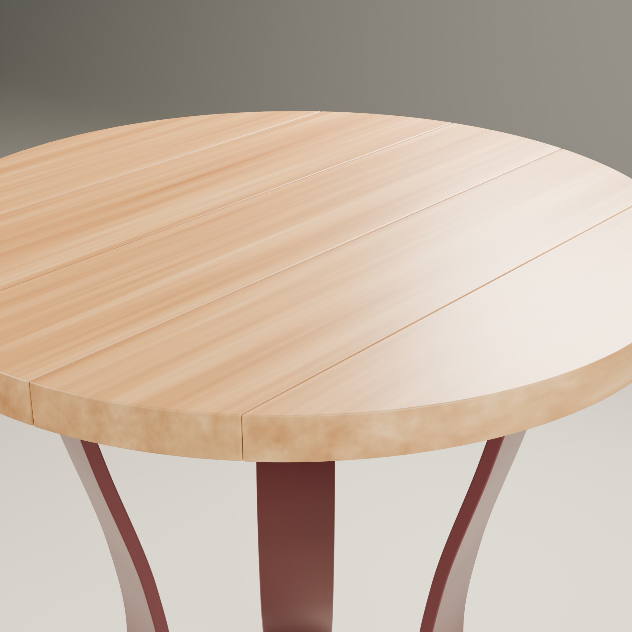Close view of the stylised timber top and steel connection on the original Pier side table concept
